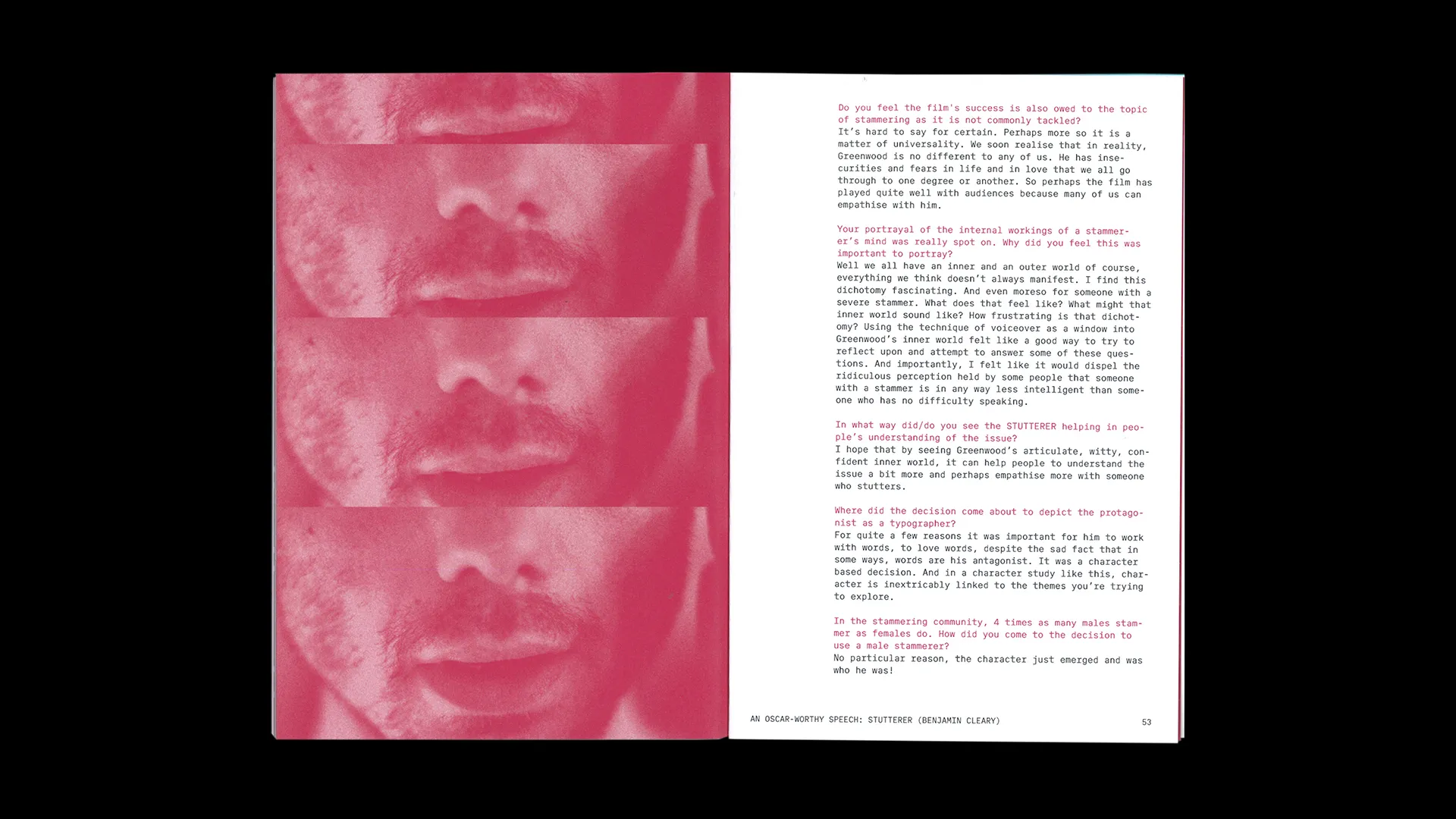 anned image of Dysfluent Issue 1. On the left page is a repeated red image of a man’s mouth. On the right is a text interview with Benjamin Cleary, director of short film Stutterer.
