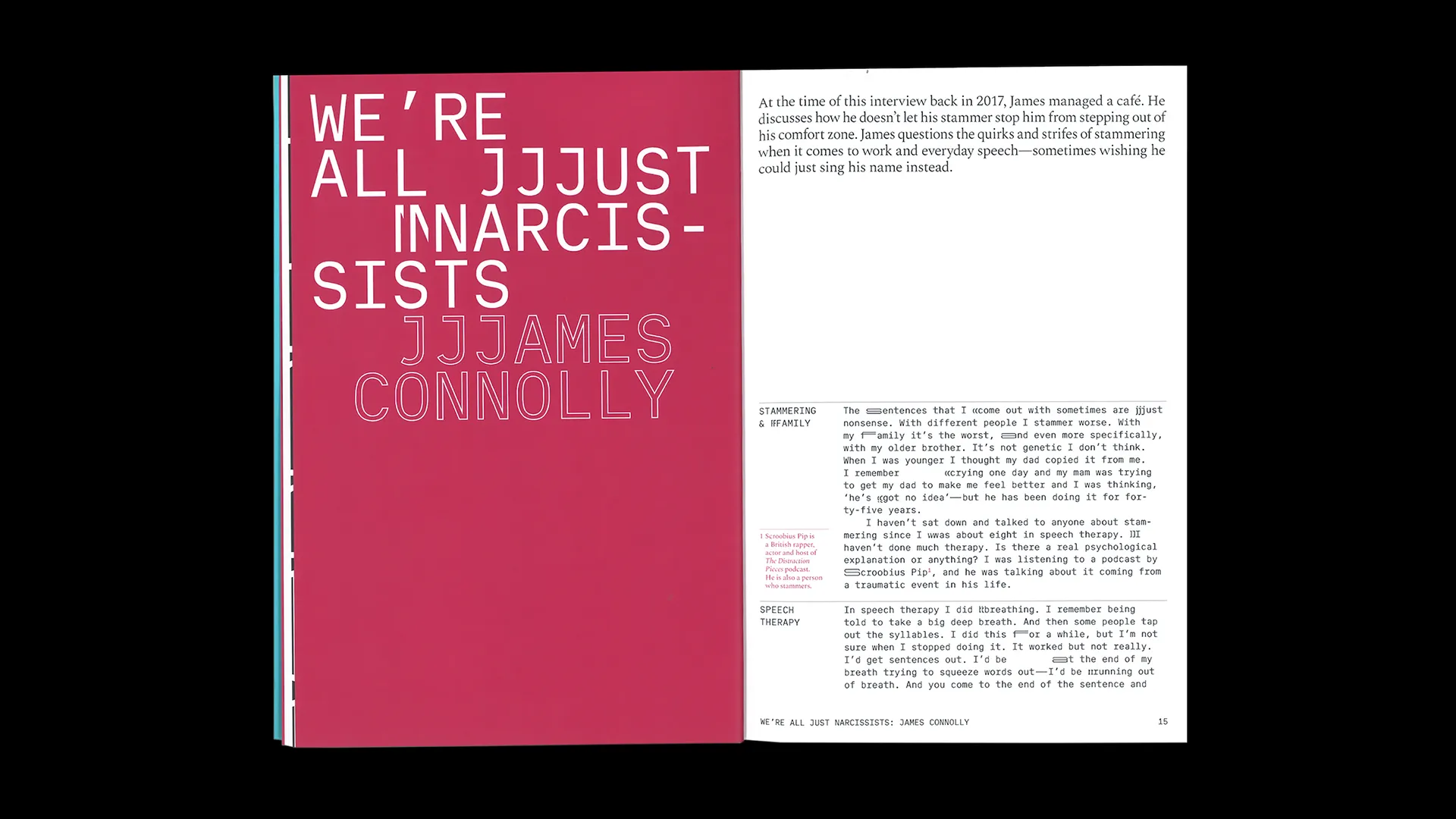 A scanned image of Dysfluent Issue 1. The left page is red with typography that represents a stammer. The right page features interview text. 