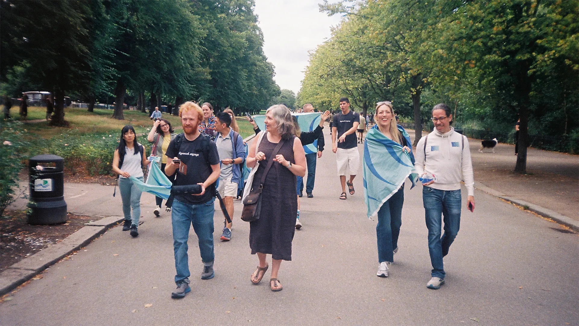 A group of people march down a wide park pathway, waving flags. The flags are seagreen and ultramarine blue waves.